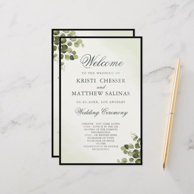 Eucalyptus Leaves Budget Wedding Program Card (Front/Back In Situ)