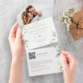 Eucalyptus leaves elegant photo QR code wedding All In One Invitation