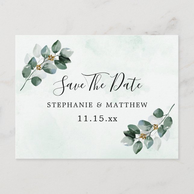 Eucalyptus Leaves Elegant Wedding Save The Date Announcement Postcard (Front)