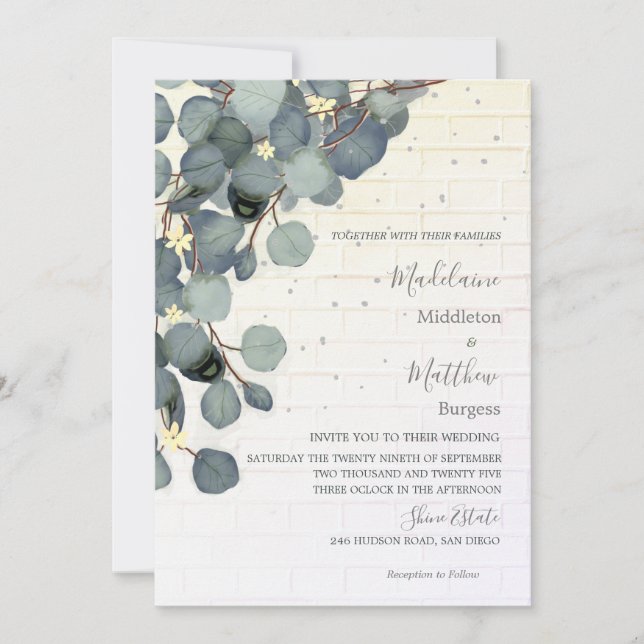 Eucalyptus Leaves Floral Brick Rustic Wedding Invitation (Front)