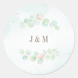 Eucalyptus Leaves Floral Wreath Monogram Wedding Classic Round Sticker