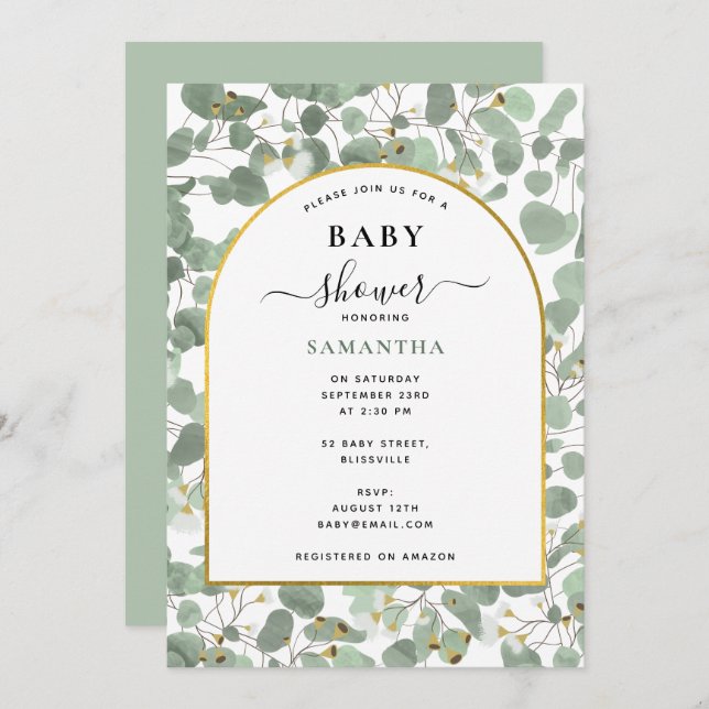 Eucalyptus Leaves Gender Neutral Gold Baby Shower Invitation (Front/Back)