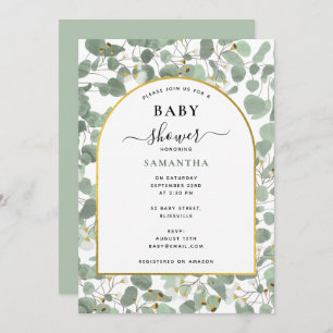 Eucalyptus Leaves Gender Neutral Gold Baby Shower Invitation