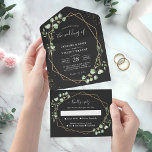 Eucalyptus Leaves Geometric Black Gold Wedding All In One Invitation<br><div class="desc">Create a modern and stylish wedding invitation with this Eucalyptus Leaves Geometric Black Gold All In One Invitation. Featuring a unique geometric design combined with elegant eucalyptus leaves and a touch of gold, this invitation is perfect for a chic and sophisticated wedding. The detachable RSVP card makes it easy for...</div>