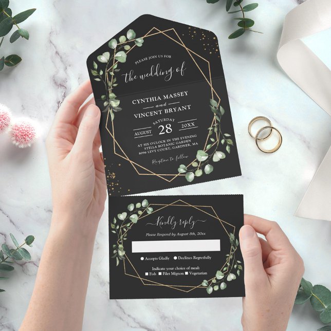 Eucalyptus Leaves Geometric Black Gold Wedding All In One Invitation (Creator Uploaded)