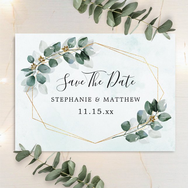 Eucalyptus Leaves Geometric Wedding Save The Date Announcement Postcard (Creator Uploaded)