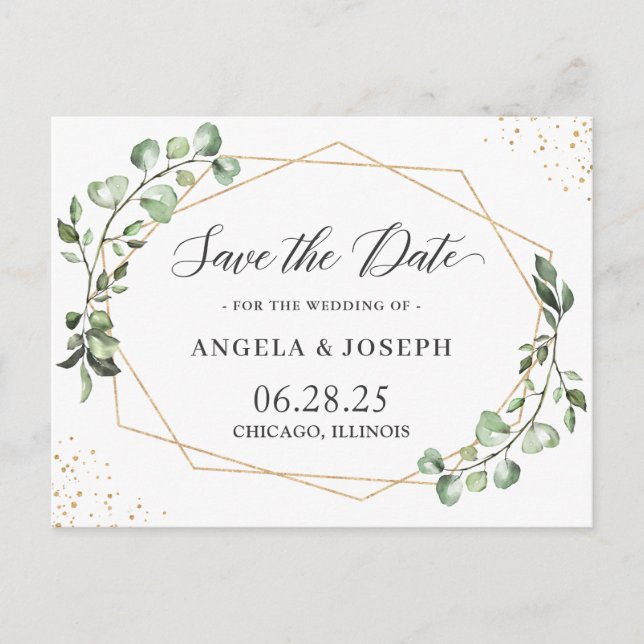 Eucalyptus Leaves Geometric Wedding Save the Date Invitation Postcard (Front)