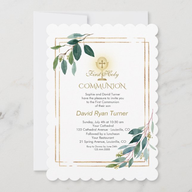 Eucalyptus Leaves Gold Cross Holy Communion Invitation (Front)