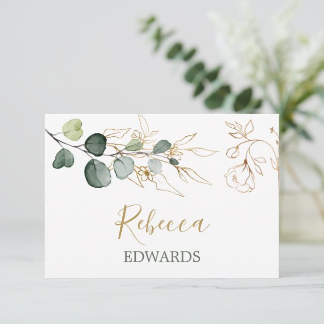 Eucalyptus Leaves Gold Floral Place card (Standing Front)