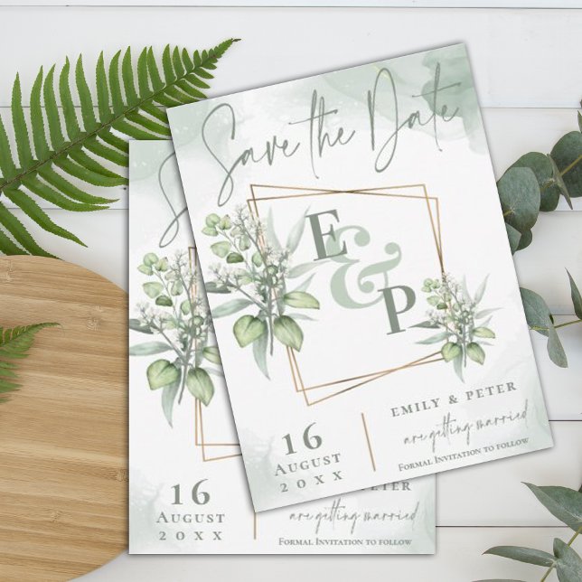 Eucalyptus Leaves Gold Frame Greenery Wedding Save The Date (Creator Uploaded)