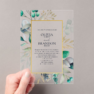 Eucalyptus Leaves & Gold Frame Watercolor Wedding Acrylic Invitations