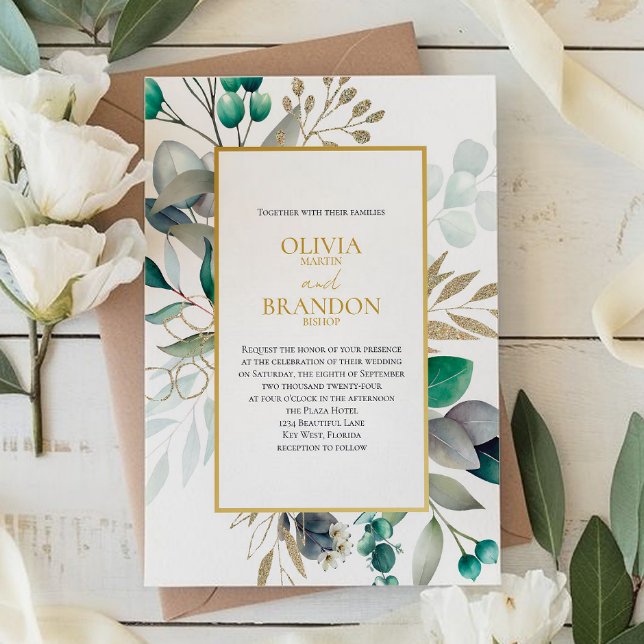 Eucalyptus Leaves & Gold Frame Watercolor Wedding Invitation (Creator Uploaded)