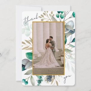 Eucalyptus Leaves & Gold Frame Watercolor Wedding Thank You Card