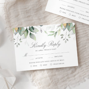 Eucalyptus Leaves Gold Meal Options Wedding RSVP C Card