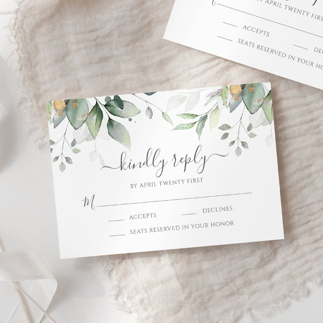 Eucalyptus Leaves Gold Meal Options Wedding RSVP Card (Creator Uploaded)