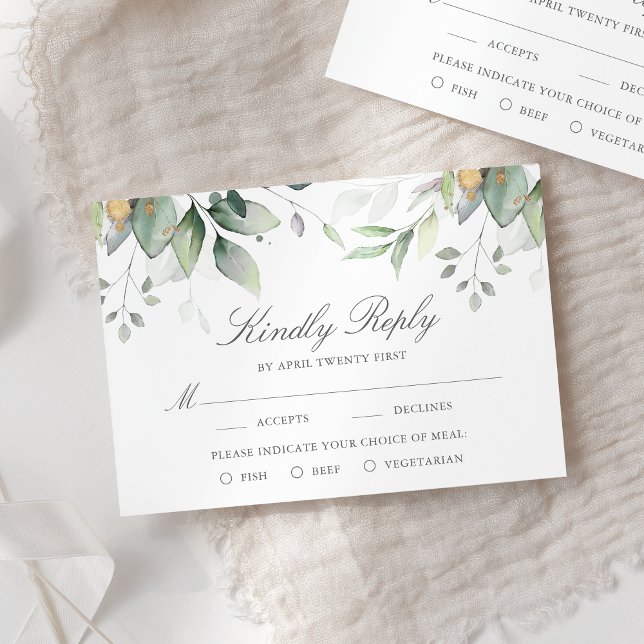 Eucalyptus Leaves Gold Meal Options Wedding RSVP Card (Creator Uploaded)