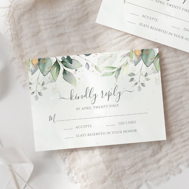 Eucalyptus Leaves Gold Meal Options Wedding RSVP Card (Creator Uploaded)