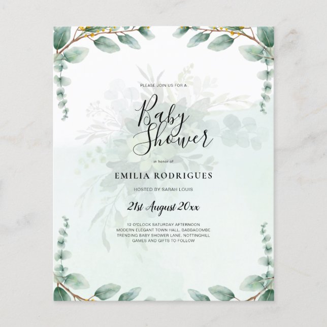 Eucalyptus Leaves GOLD WEDDING QR CODE BUDGET Flyer (Front)