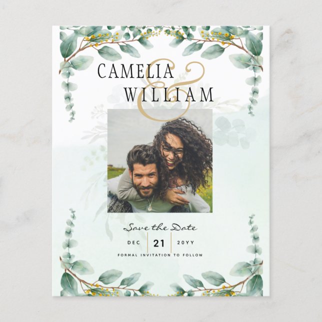 Eucalyptus Leaves GOLD WEDDING QR CODE BUDGET Flyer (Front)
