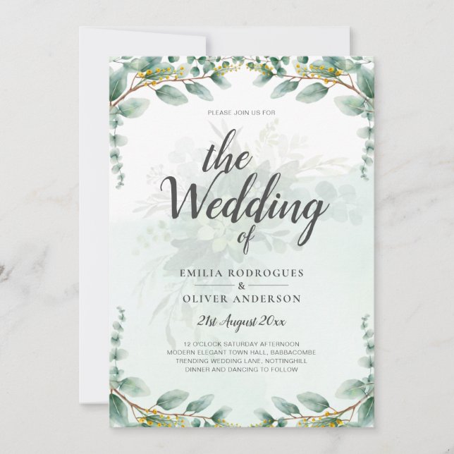 Eucalyptus Leaves GOLD WEDDING QR CODE BUDGET Invitation (Front)