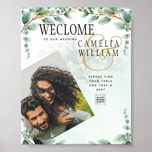 Eucalyptus Leaves GOLD WEDDING QR CODE BUDGET Poster (Front)