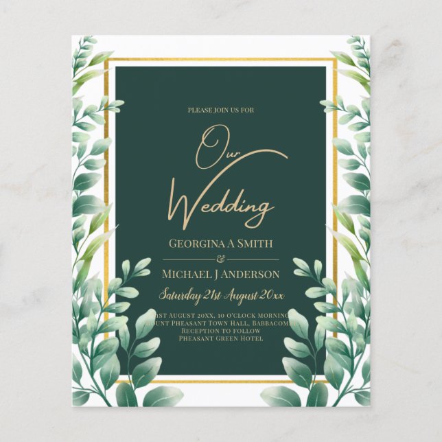 Eucalyptus Leaves GOLD WEDDING QR CODE INVITE RSVP Flyer (Front)