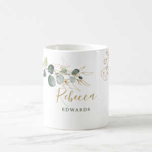 Eucalyptus leaves, golden floral, your name coffee mug