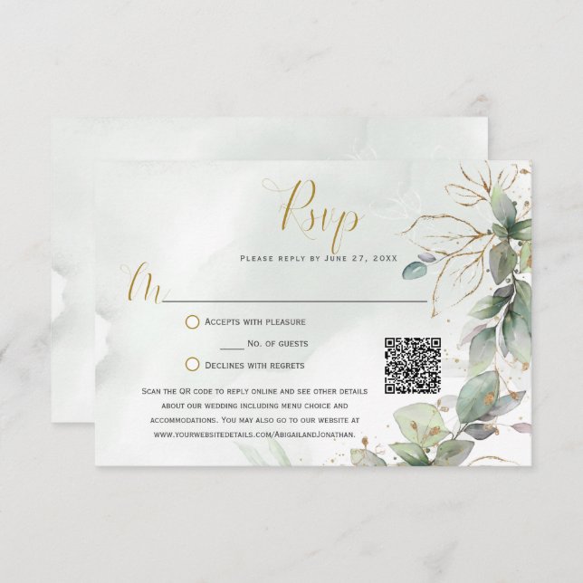 Eucalyptus Leaves Golden Greenery RSVP (Front/Back)