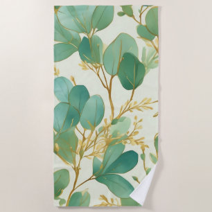 Eucalyptus Leaves Green and Gold Design Beach Towel