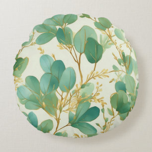 Eucalyptus Leaves Green and Gold Design Round Cushion