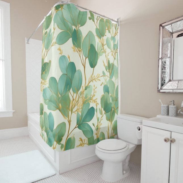 Eucalyptus Leaves Green and Gold Design Shower Curtain (In Situ)