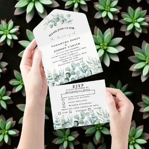 Eucalyptus leaves Greenery Rustic RSVP Wedding All In One Invitation