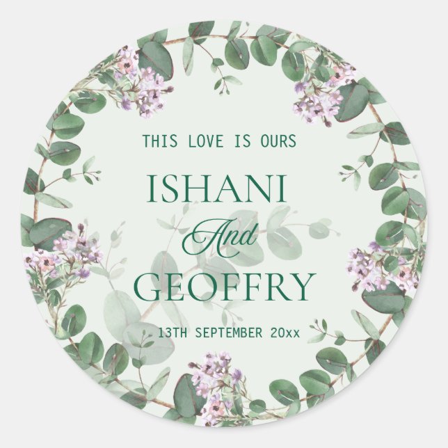 Eucalyptus Leaves Greenery Wedding Classic Round Sticker (Front)