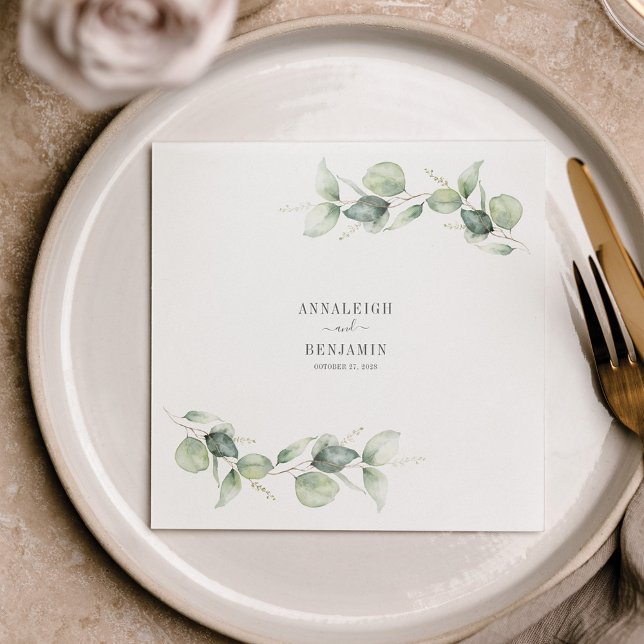 Eucalyptus Leaves Greenery Wedding Cocktail Paper Napkin (Watercolor Eucalyptus Foliage Wedding Reception Paper Napkins)