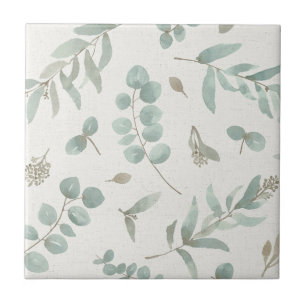 Eucalyptus leaves in watercolor beige background tile