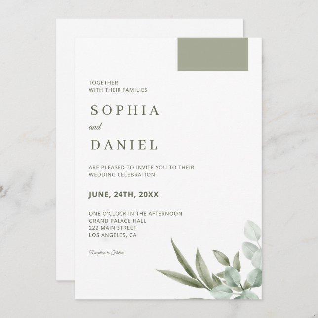 Eucalyptus Leaves Minimalist Wedding Invitation (Front/Back)