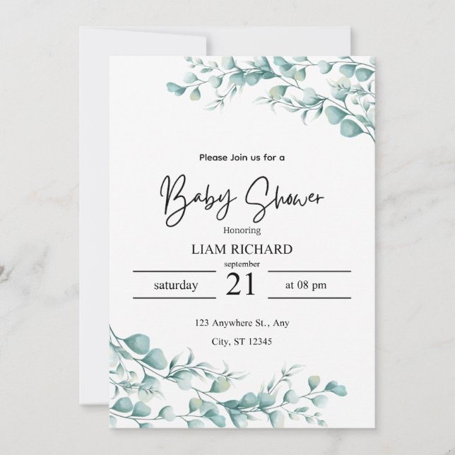  Eucalyptus leaves, neutral tones, baby shower  Invitation (Front)