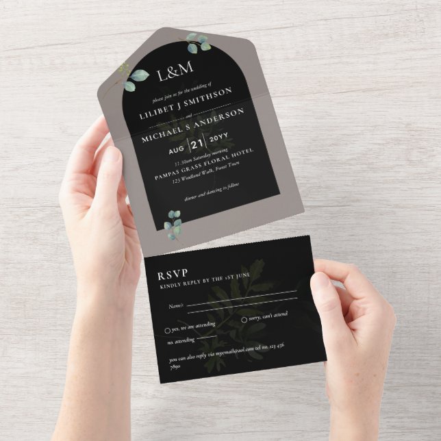Eucalyptus Leaves Overlay Arch Wedding All In One Invitation (Tearaway)