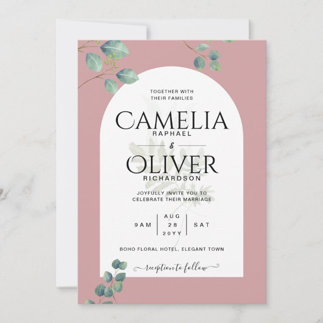 Eucalyptus Leaves Overlay Arch Wedding Invitation (Front)