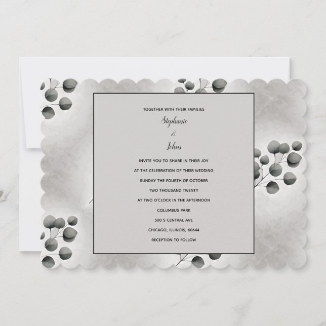 Eucalyptus Leaves Pattern Black White Grey Wedding Invitation (Front)