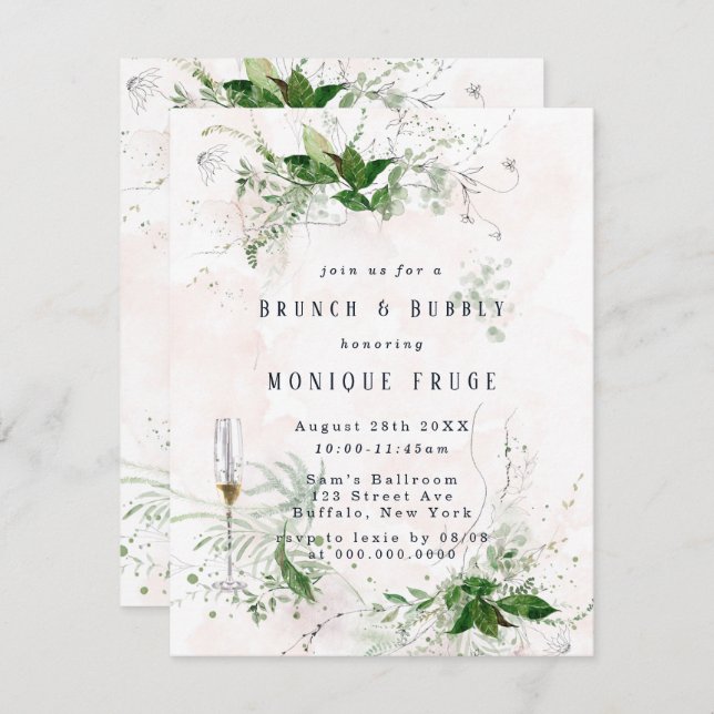 Eucalyptus Leaves Pink Brunch & Bubbly Invites (Front/Back)