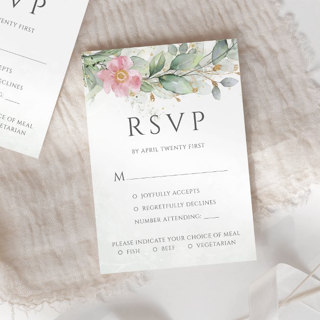 Eucalyptus Leaves Pink Floral Meal Options Wedding RSVP Card (Creator Uploaded)