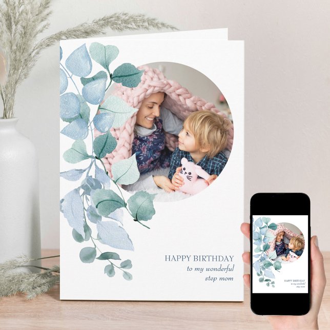 Eucalyptus Leaves Round Photo Happy Birthday Card (Creator Uploaded)