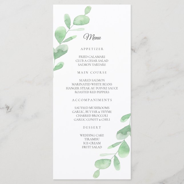 Eucalyptus leaves. Simple Botanical wedding Menu (Front)