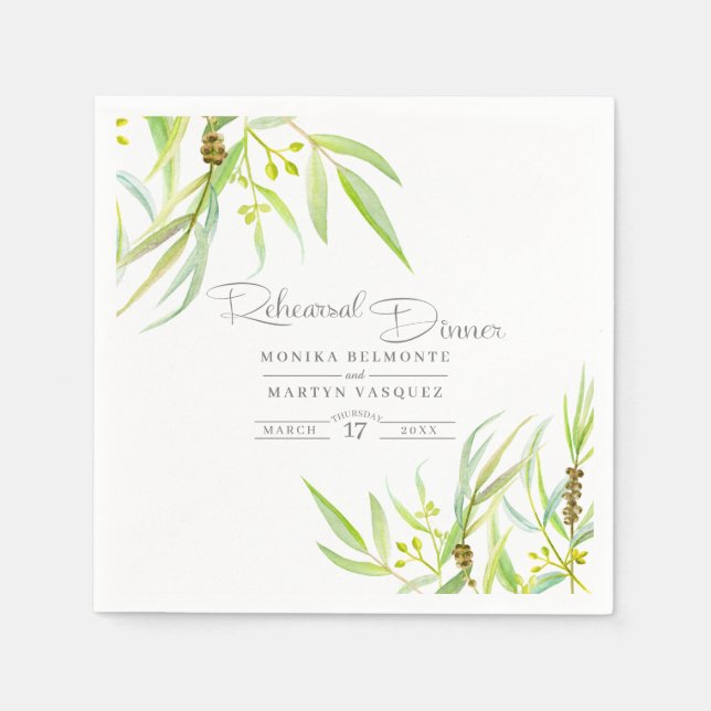 Eucalyptus leaves watercolor art rehearsal dinner napkin (Front)