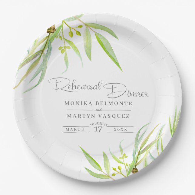 Eucalyptus leaves watercolor art rehearsal dinner paper plate (Front)