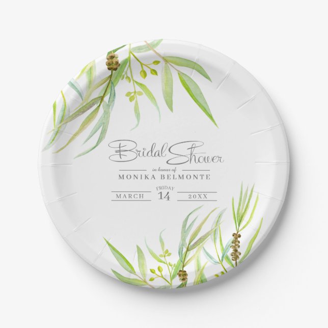 Eucalyptus leaves watercolor green bridal shower paper plate (Front)