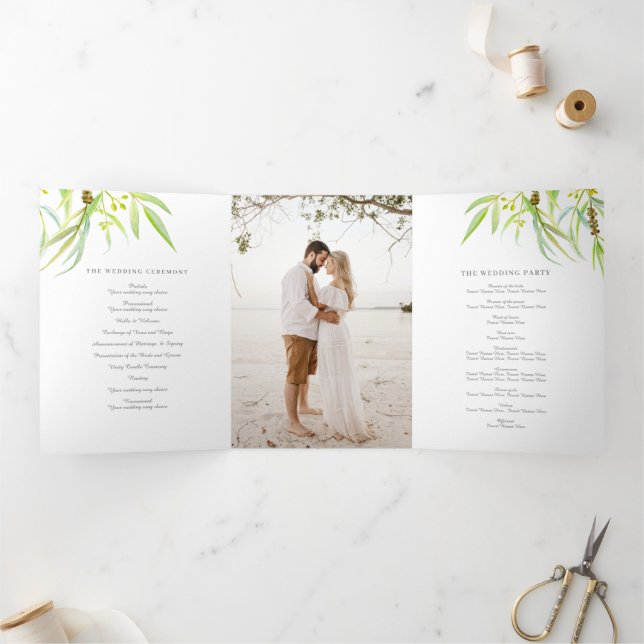 Eucalyptus leaves watercolor green photo wedding Tri-Fold programme (Inside)