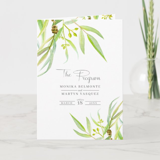 Eucalyptus leaves watercolor green wedding programme (Front)