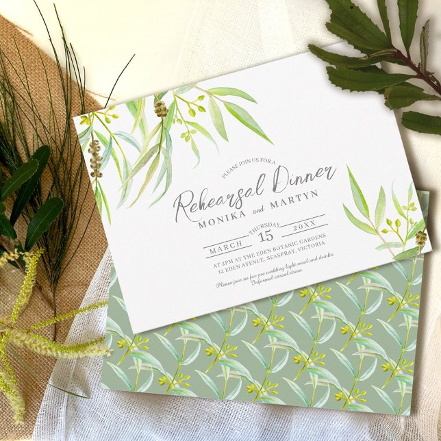 Eucalyptus leaves watercolor rehearsal dinner invitation (Creator Uploaded)